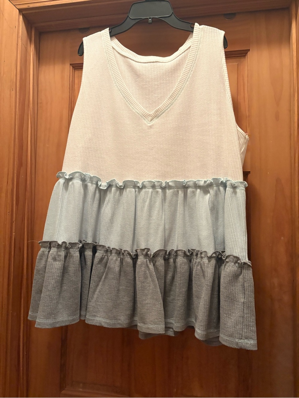 Sleeveless V-Neck Tiered Ruffle Blouse in White and Light Blue